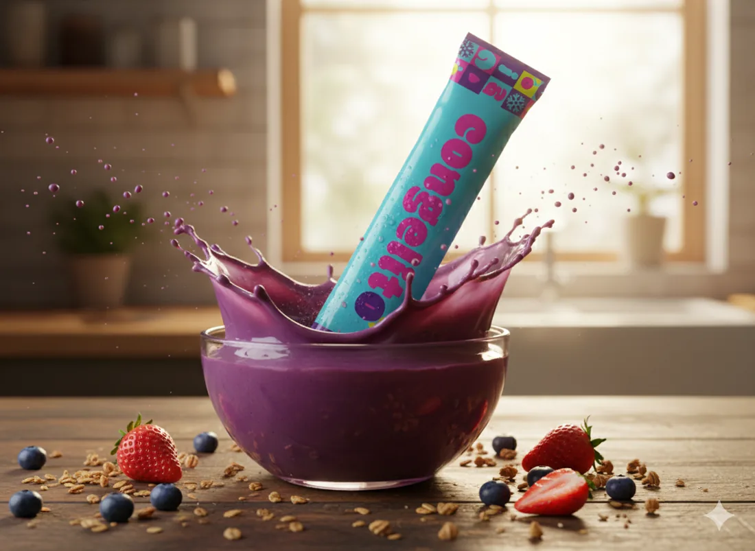 Pacote de Congelito mergulhando numa tigela de açaí