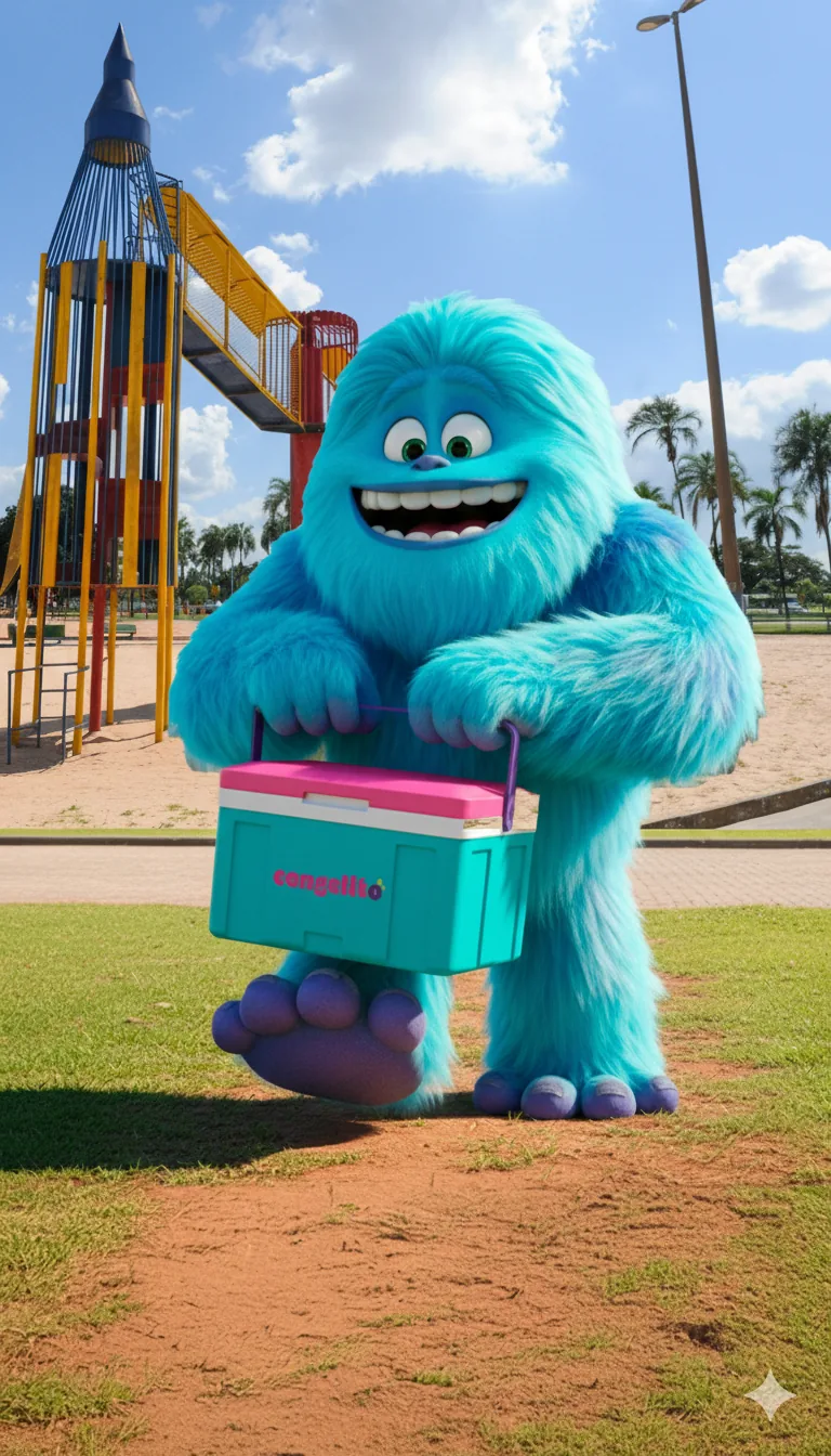 O Gelito, mascote azul do Congelito, num parque de Brasília com um isopor do Congelito